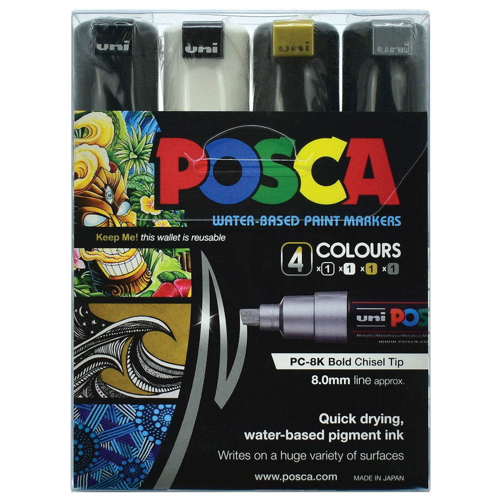 POSCA PC8K Chisel tip set of 4 paint pens in black, gold white and silver colours