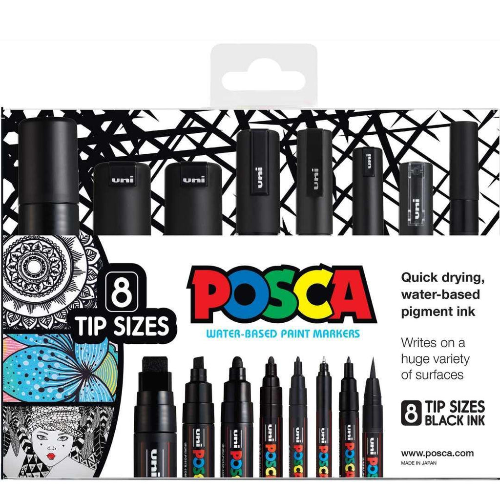 POSCA Assorted Tips - Black ink colour Only - 8 Pack - Colourverse