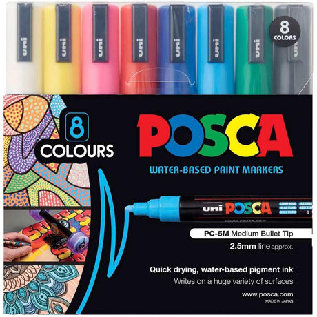 POSCA PC5M Paint Marking Pen - ASSORTED COLOURS - Set of 8 - Colourverse