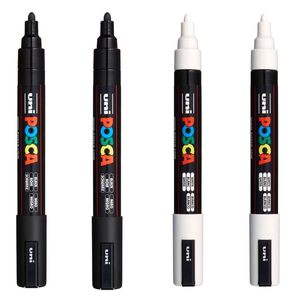 POSCA PC5M Paint Marking Pen - BLACK & WHITE - Set of 4 - Colourverse