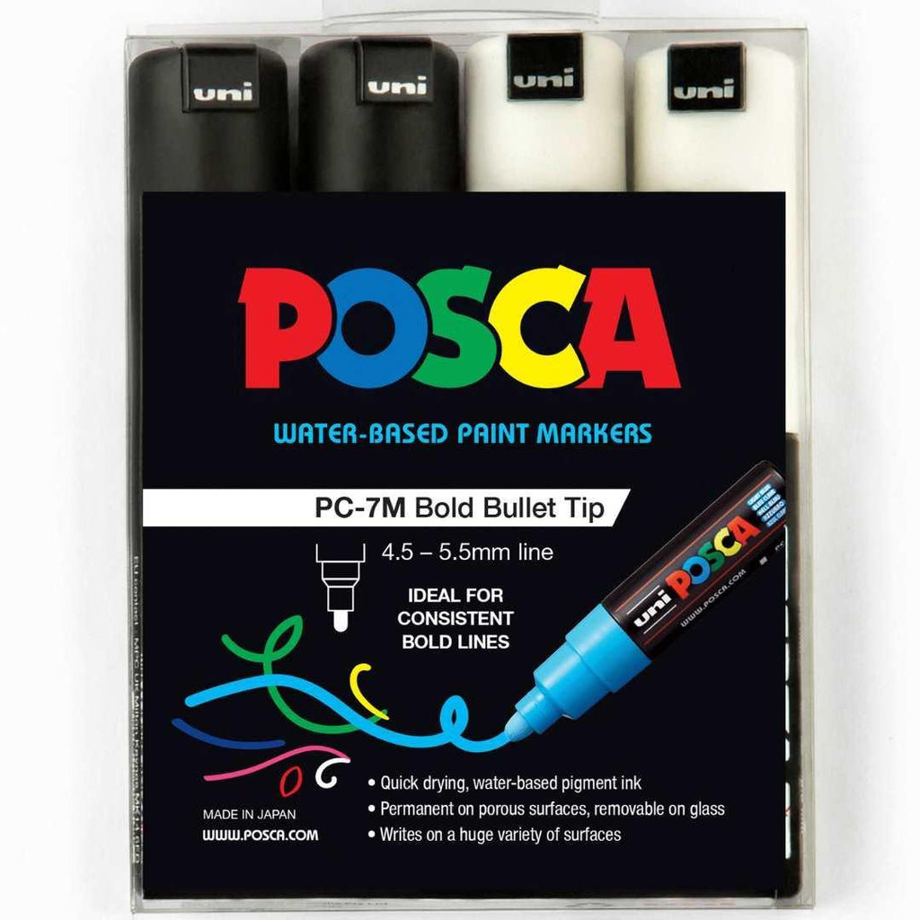 POSCA PC7M Paint Marking Pen - BLACK & WHITE - Set of 4 - Colourverse