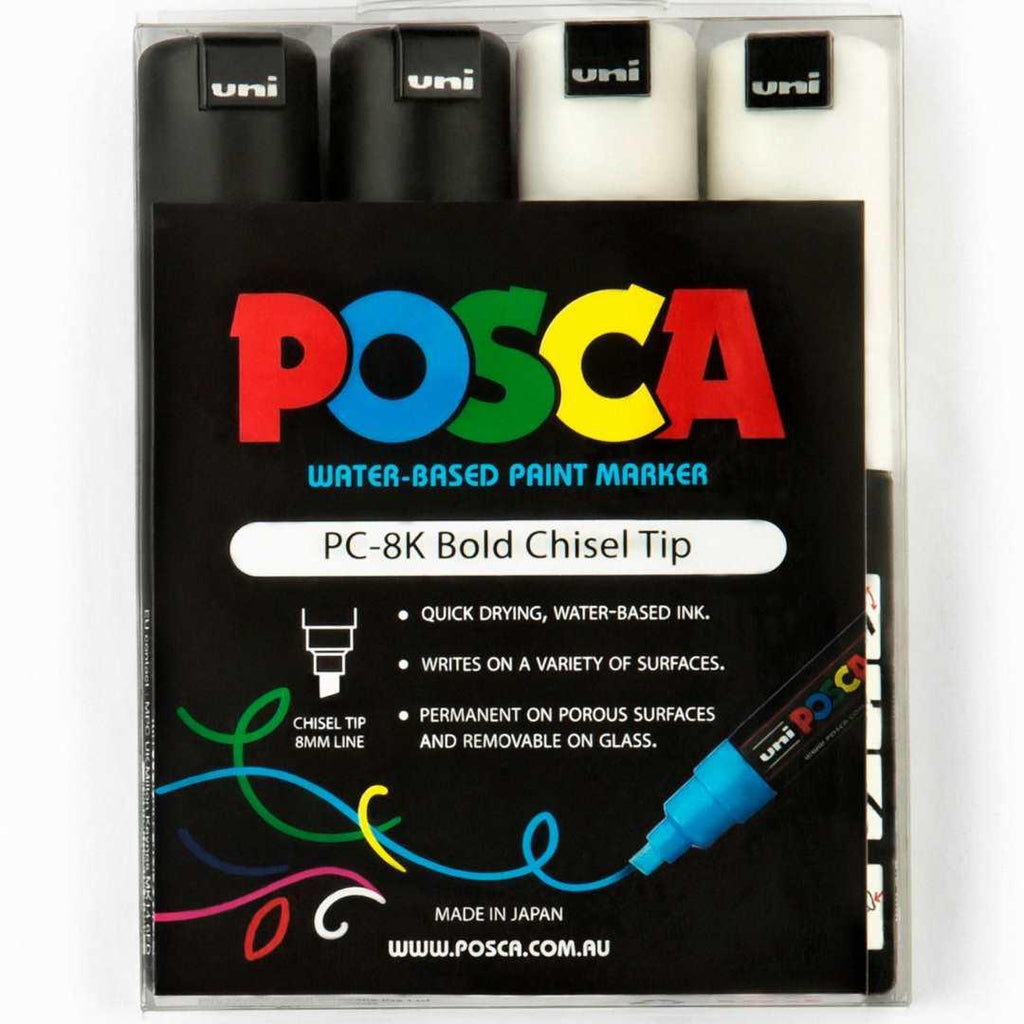 POSCA PC8K Paint Marking Pen - BLACK & WHITE - 4 Pack - Colourverse